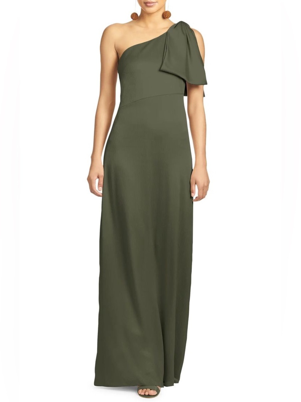 One-Shoulder Olive Green Maxi Dress with Bow Detail